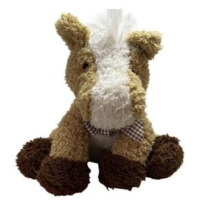 Horse Plush Stuffed Animal‎ Brown Gingham Bow White Mane Pony Toy Cute Decor